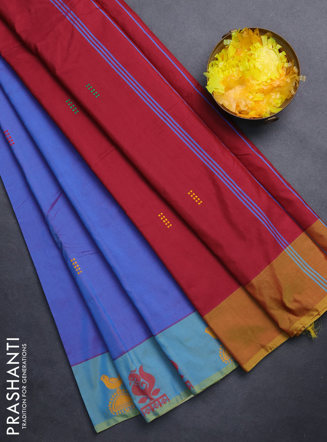 Arani semi silk saree dual shade of bluish maroon and teal blue with thread woven buttas and thread woven butta border