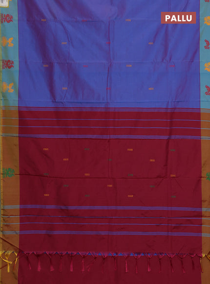 Arani semi silk saree dual shade of bluish maroon and teal blue with thread woven buttas and thread woven butta border