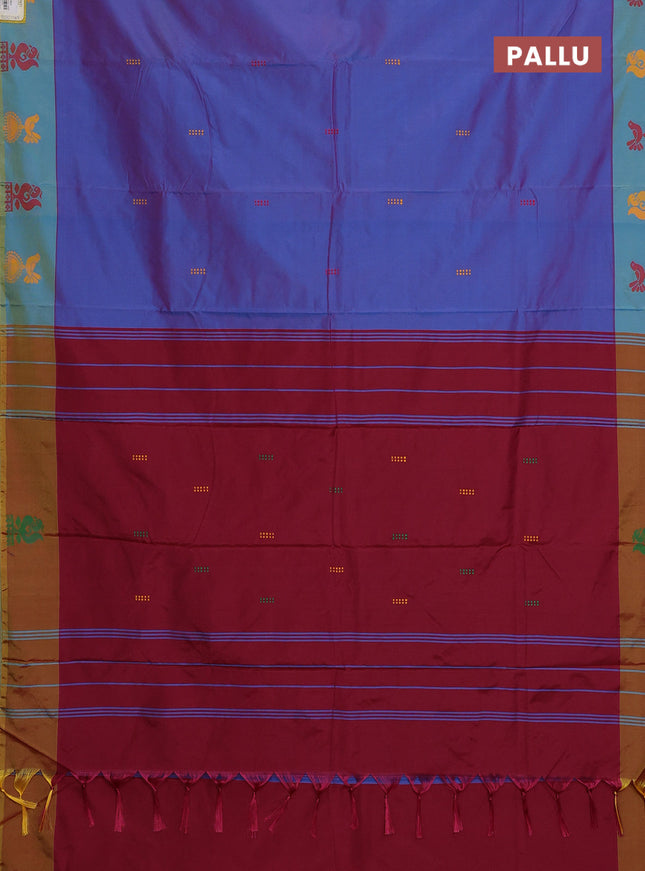 Arani semi silk saree dual shade of bluish maroon and teal blue with thread woven buttas and thread woven butta border