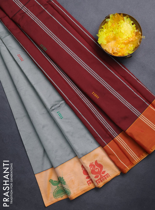 Arani semi silk saree grey and mustard yellow with thread woven buttas and thread woven butta border