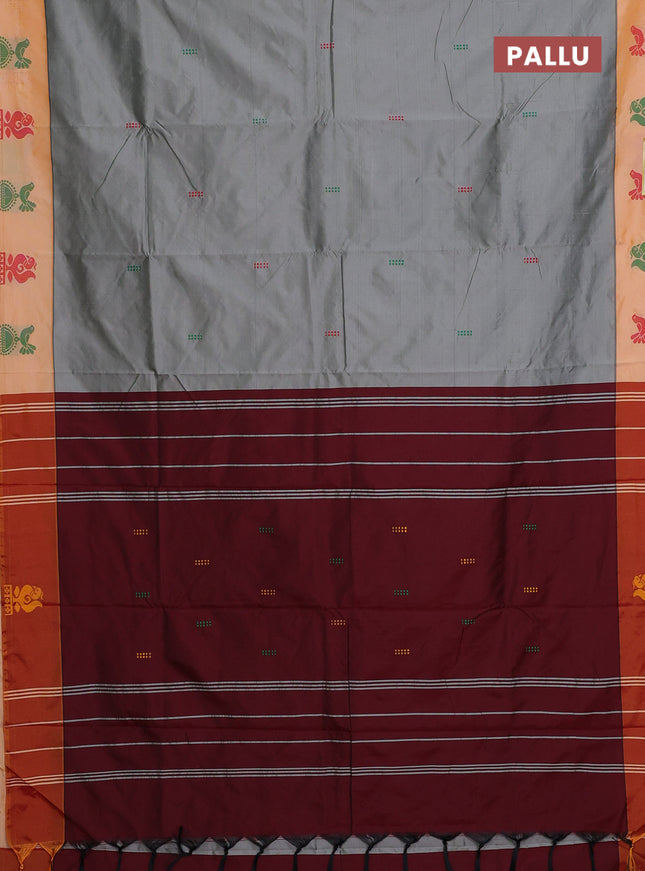 Arani semi silk saree grey and mustard yellow with thread woven buttas and thread woven butta border