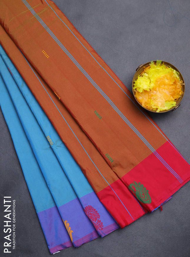 Arani semi silk saree dual shade of teal blue and pink with thread woven buttas and thread woven butta border