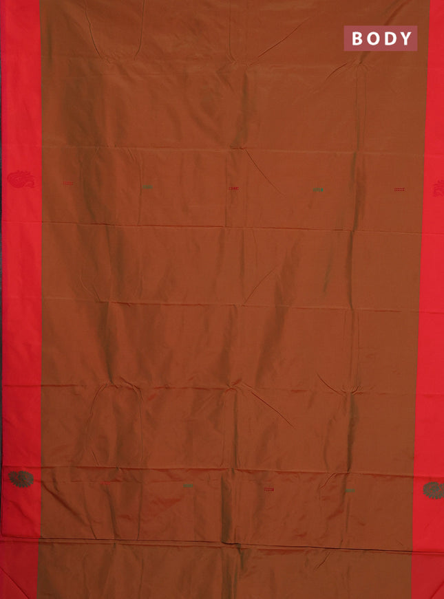 Arani semi silk saree dual shade of mustard and dual shade of green with thread woven buttas and thread woven butta border