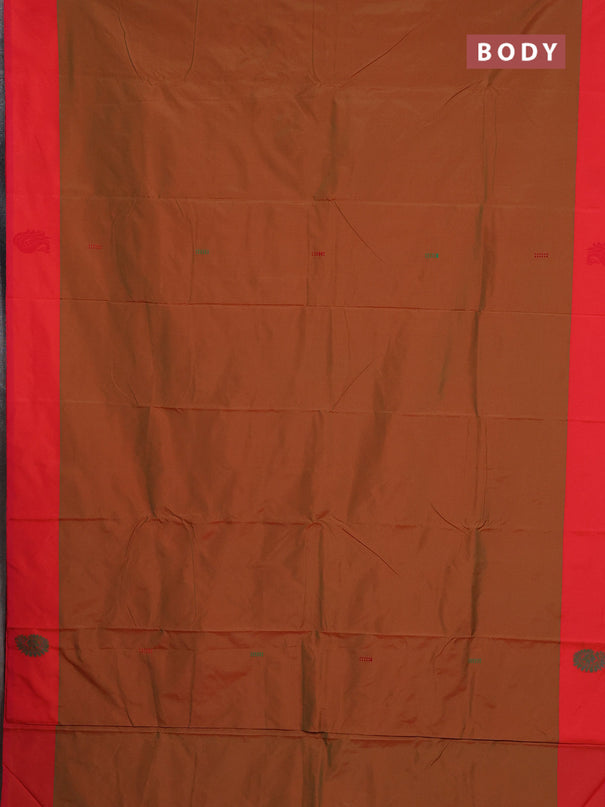 Arani semi silk saree dual shade of mustard and dual shade of green with thread woven buttas and thread woven butta border
