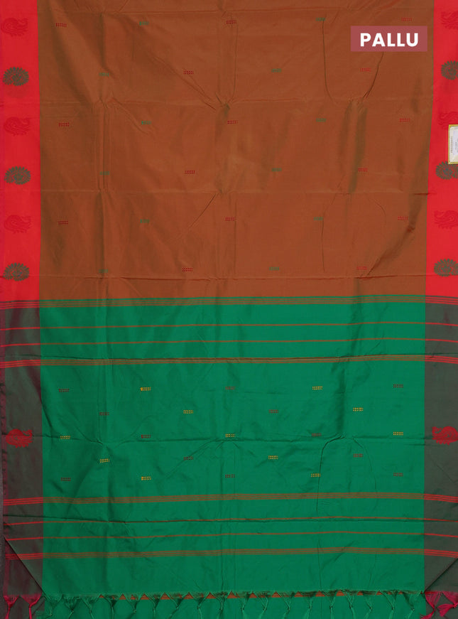 Arani semi silk saree dual shade of mustard and dual shade of green with thread woven buttas and thread woven butta border