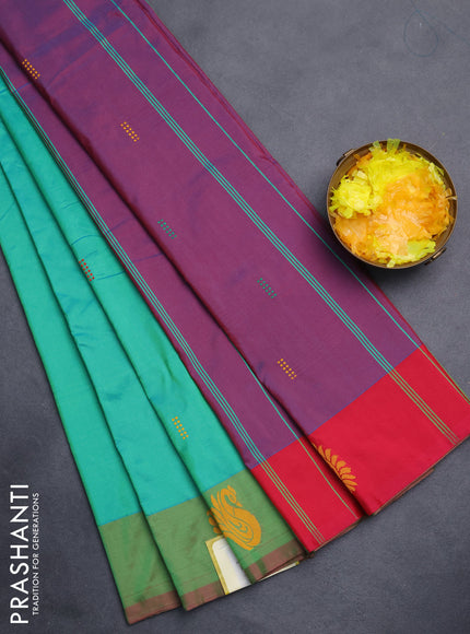 Arani semi silk saree teal green and pink with thread woven buttas and thread woven butta border