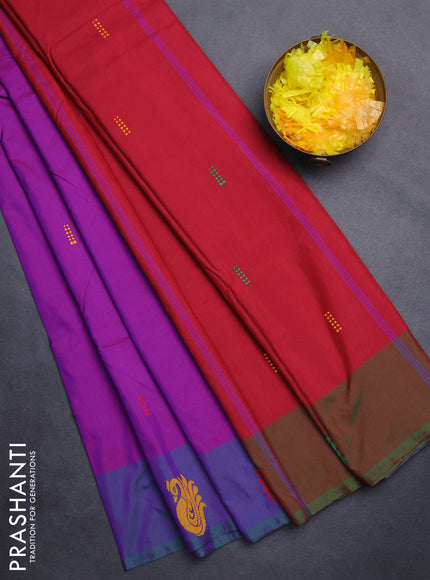 Arani semi silk saree purple and dual shade of greenish maroon with thread woven buttas and thread woven butta border