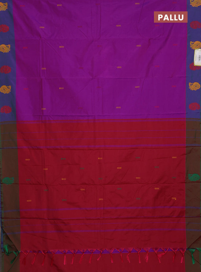 Arani semi silk saree purple and dual shade of greenish maroon with thread woven buttas and thread woven butta border