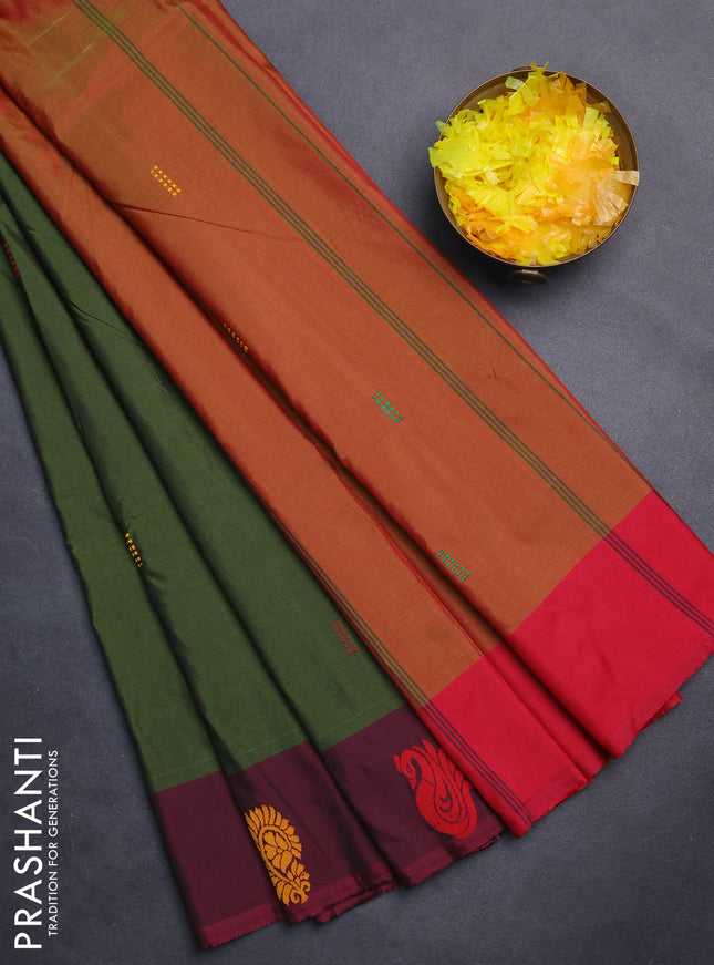 Arani semi silk saree sap green and pink with thread woven buttas and thread woven butta border