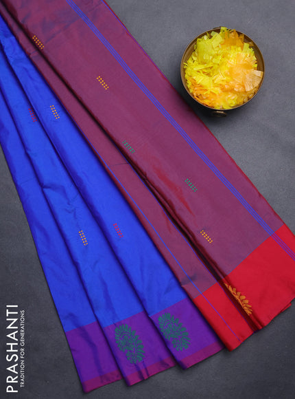 Arani semi silk saree royal blue and reddish pink with thread woven buttas and thread woven butta border