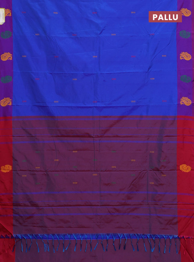 Arani semi silk saree royal blue and reddish pink with thread woven buttas and thread woven butta border