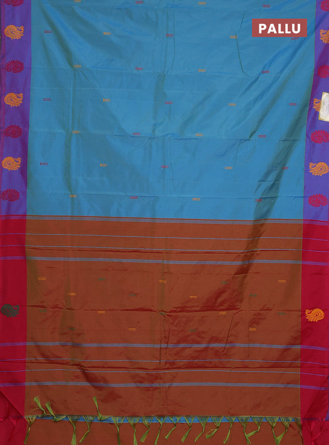 Arani semi silk saree dual shade of teal blue and pink with thread woven buttas and thread woven butta border