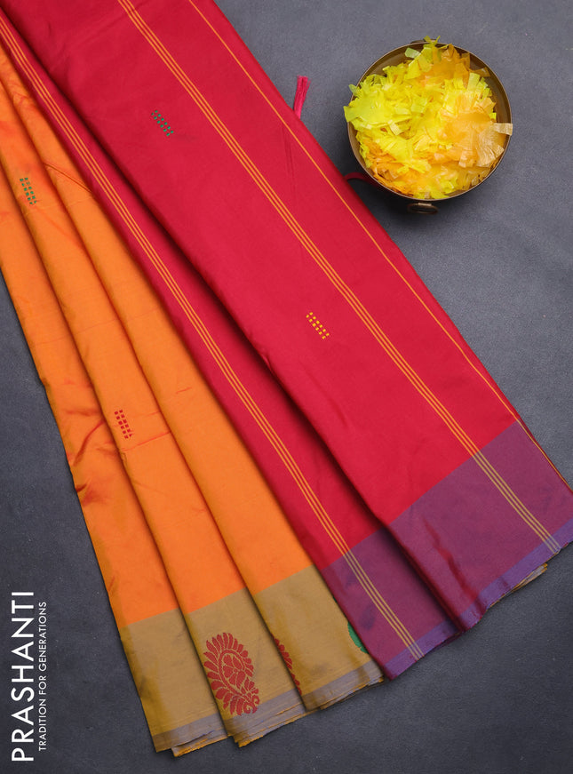 Arani semi silk saree orange and dual shade of maroon with thread woven buttas and thread woven butta border