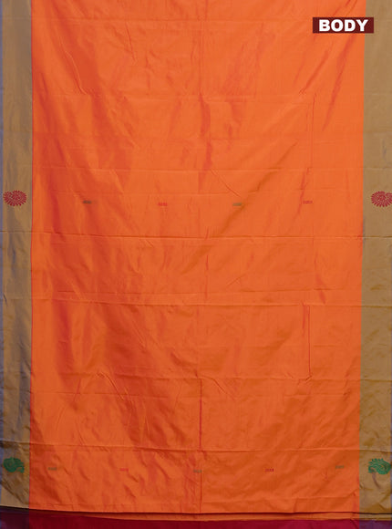 Arani semi silk saree orange and dual shade of maroon with thread woven buttas and thread woven butta border