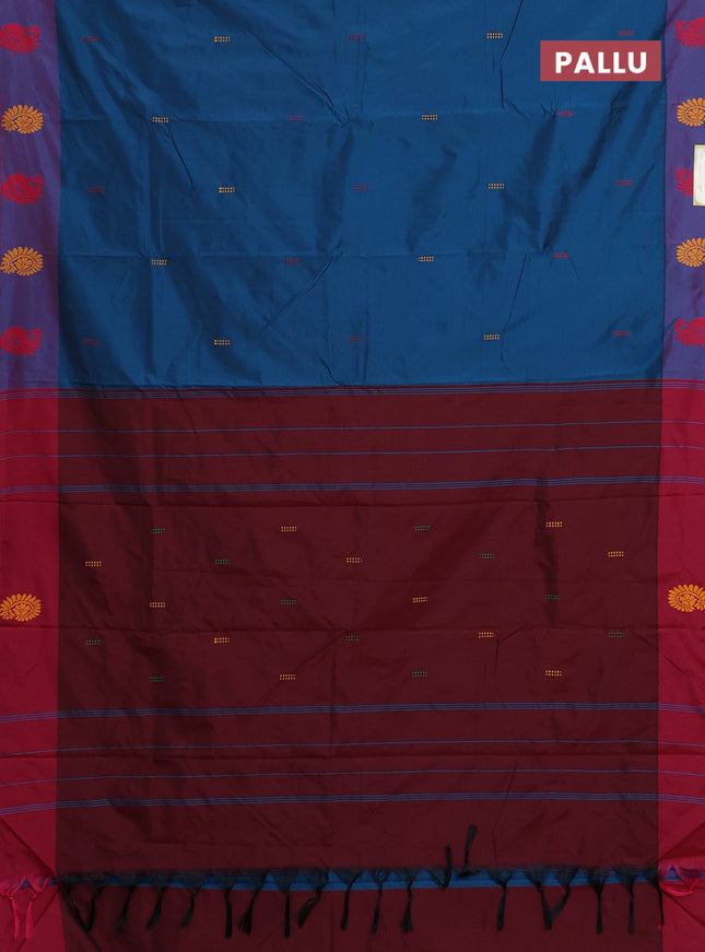 Arani semi silk saree cs blue and maroon with thread woven buttas and thread woven butta border