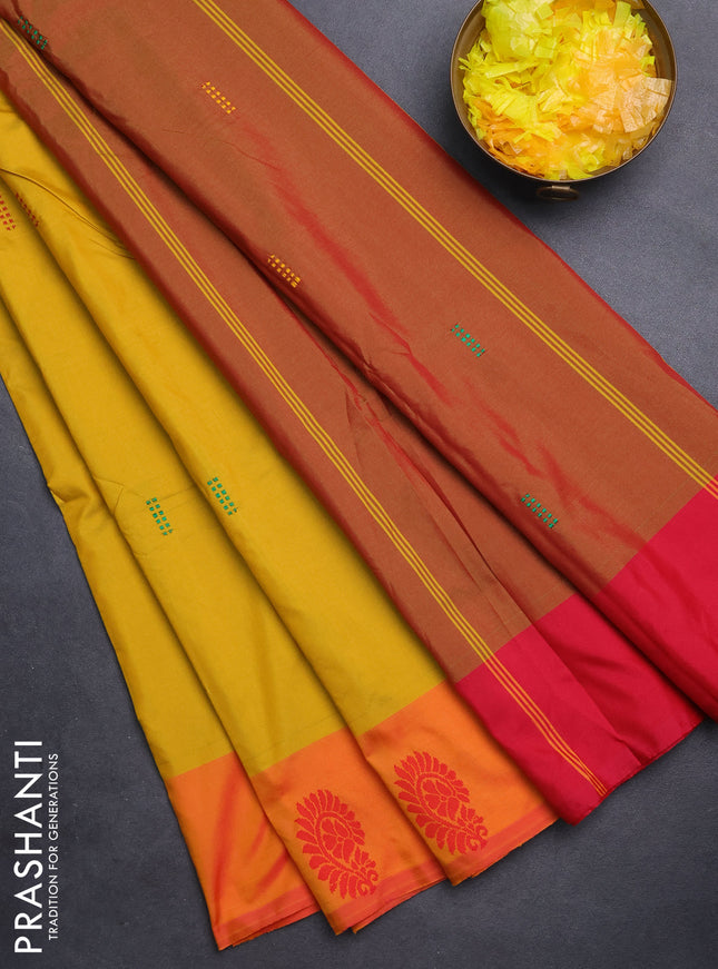 Arani semi silk saree yellow and pink with thread woven buttas and thread woven butta border
