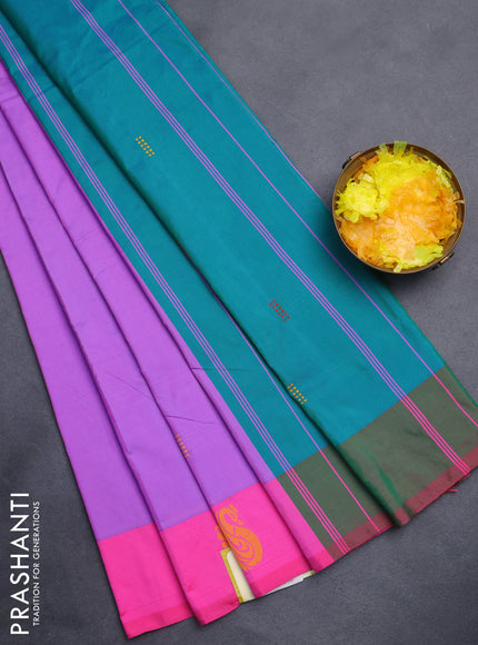 Arani semi silk saree lavender and dual shade of green with thread woven buttas and thread woven butta border