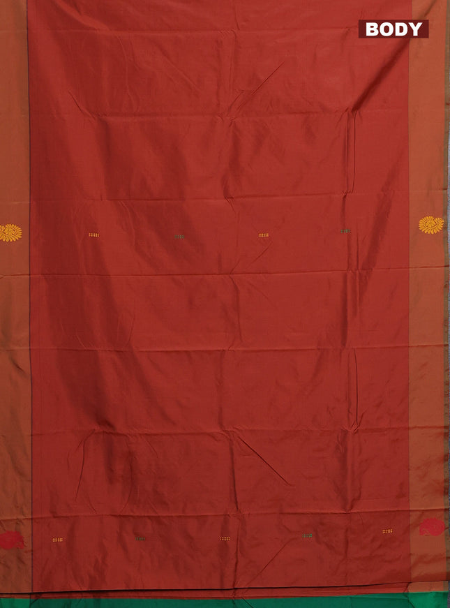 Arani semi silk saree rust shade and green with thread woven buttas and thread woven butta border