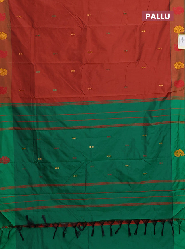 Arani semi silk saree rust shade and green with thread woven buttas and thread woven butta border