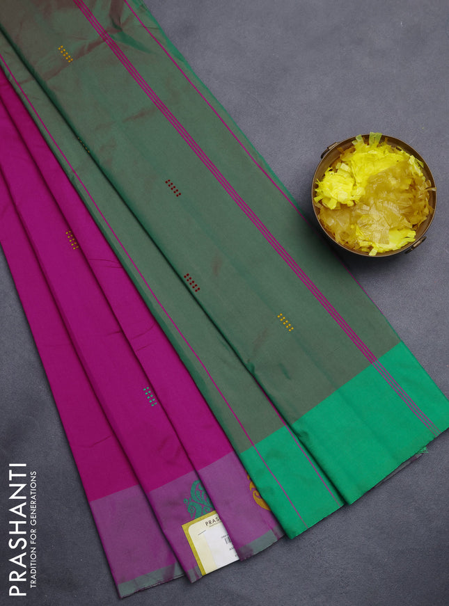 Arani semi silk saree magenta pink and green with thread woven buttas and thread woven butta border
