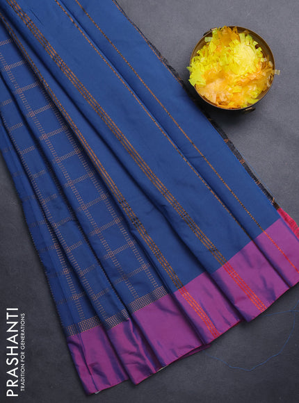 Arani semi silk saree peacock blue and magenta pink with allover copper zari checked pattern and copper zari woven simple border