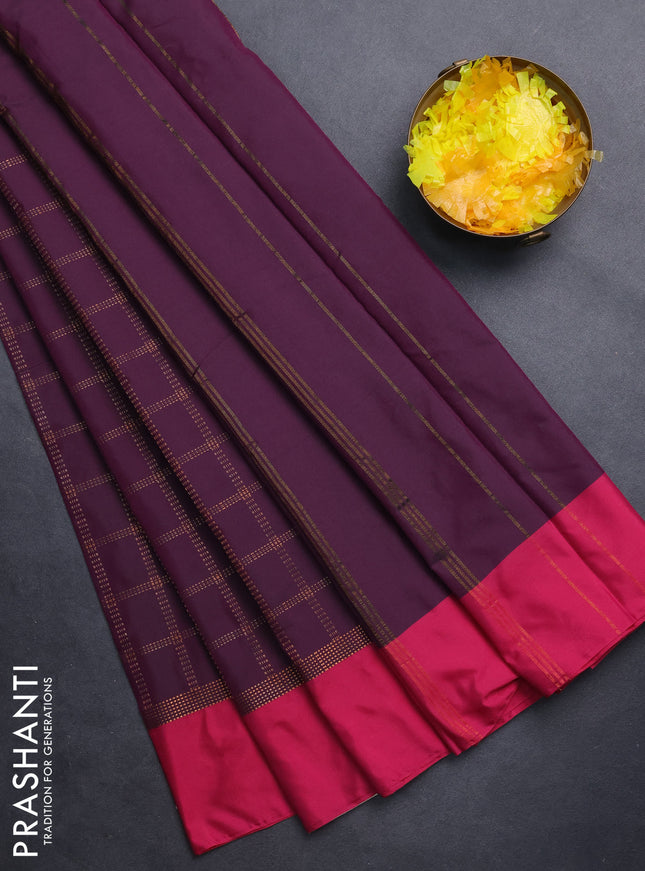 Arani semi silk saree wine shade and pink with allover copper zari checked pattern and copper zari woven simple border
