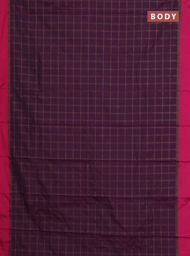 Arani semi silk saree wine shade and pink with allover copper zari checked pattern and copper zari woven simple border