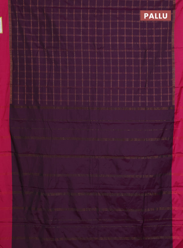 Arani semi silk saree wine shade and pink with allover copper zari checked pattern and copper zari woven simple border