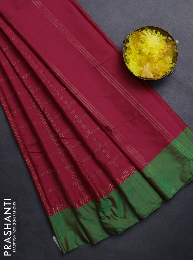 Arani semi silk saree pink and dual shade of green with allover copper zari checked pattern and copper zari woven simple border