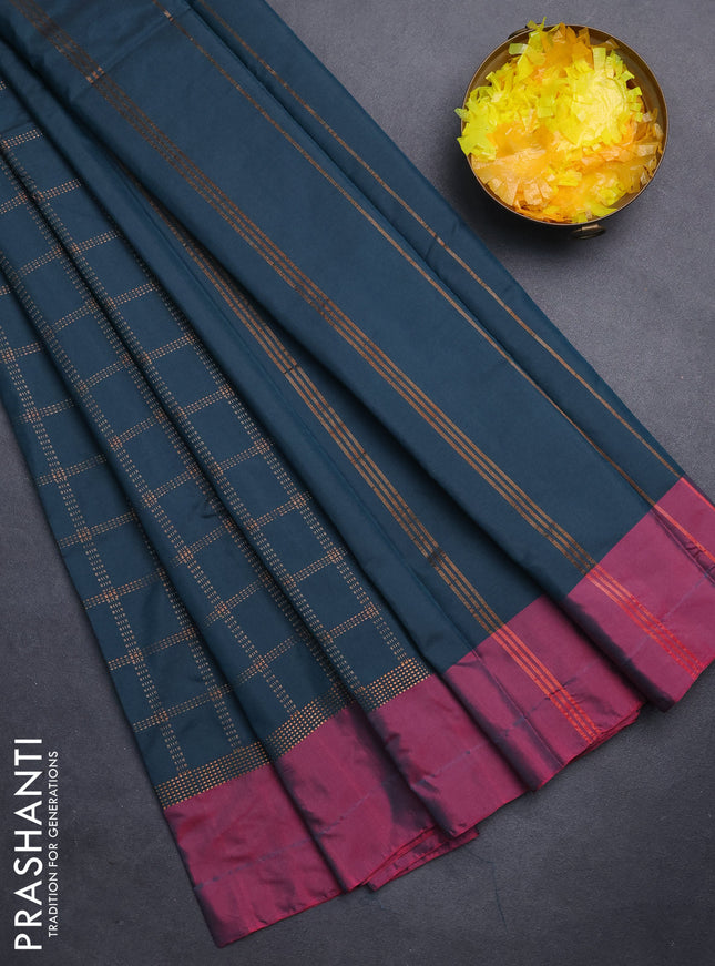 Arani semi silk saree peacock green and magenat pink with allover copper zari checked pattern and copper zari woven simple border