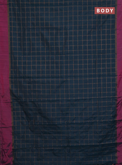 Arani semi silk saree peacock green and magenat pink with allover copper zari checked pattern and copper zari woven simple border