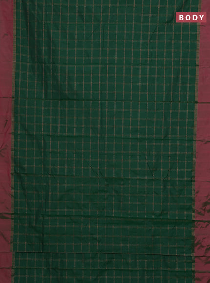 Arani semi silk saree green and dual shade of pink with allover copper zari checked pattern and copper zari woven simple border