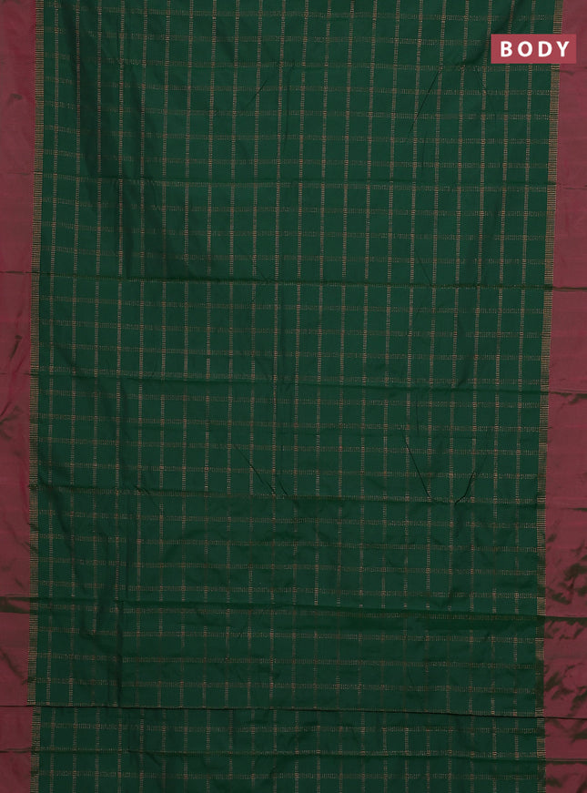 Arani semi silk saree green and dual shade of pink with allover copper zari checked pattern and copper zari woven simple border