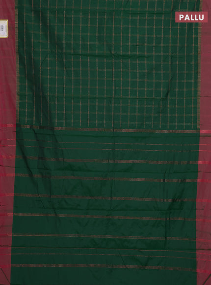 Arani semi silk saree green and dual shade of pink with allover copper zari checked pattern and copper zari woven simple border