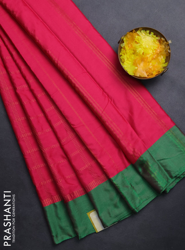 Arani semi silk saree pink and dual shade of green with allover copper zari checked pattern and copper zari woven simple border