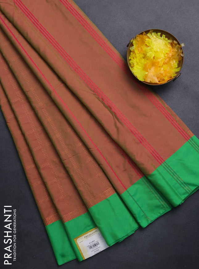 Arani semi silk saree dual shade of pink and green with allover copper zari checked pattern and copper zari woven simple border