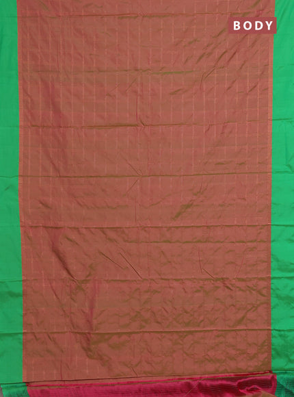 Arani semi silk saree dual shade of pink and green with allover copper zari checked pattern and copper zari woven simple border