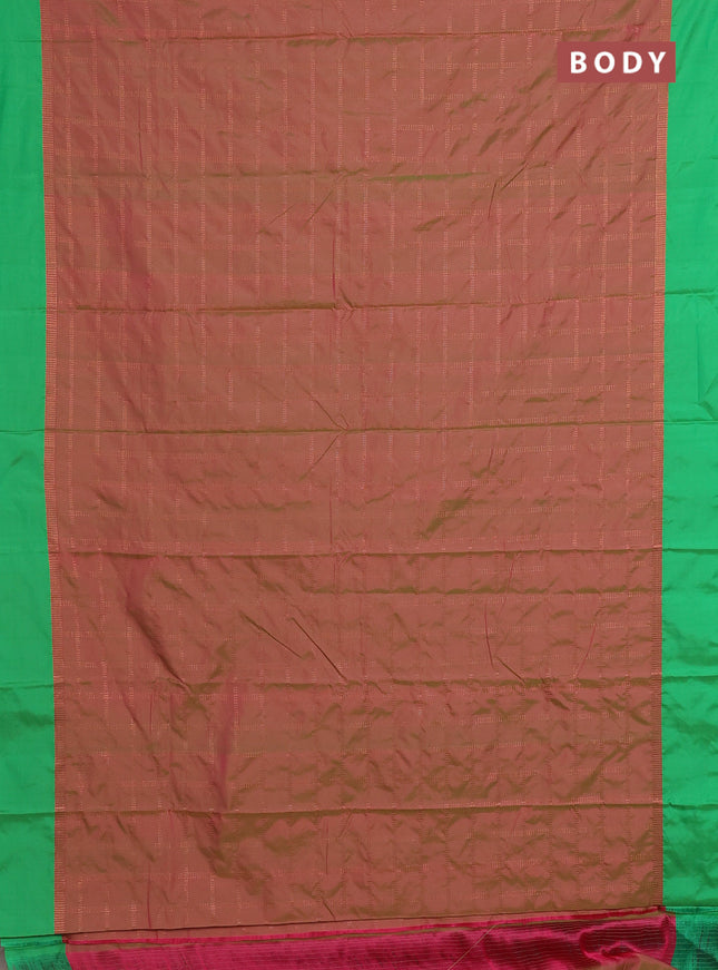 Arani semi silk saree dual shade of pink and green with allover copper zari checked pattern and copper zari woven simple border