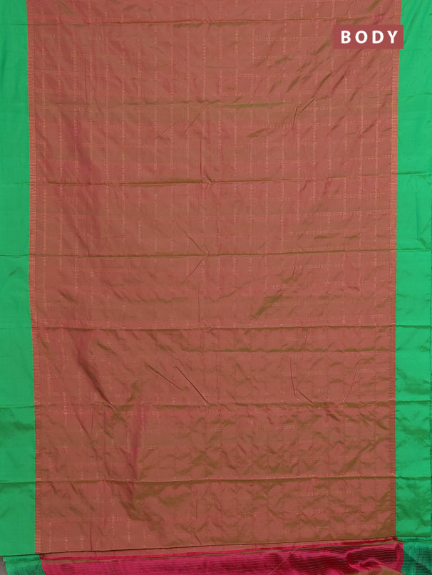 Arani semi silk saree dual shade of pink and green with allover copper zari checked pattern and copper zari woven simple border