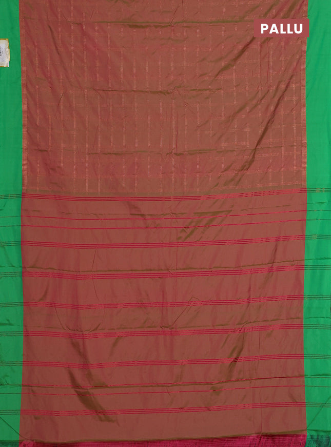 Arani semi silk saree dual shade of pink and green with allover copper zari checked pattern and copper zari woven simple border