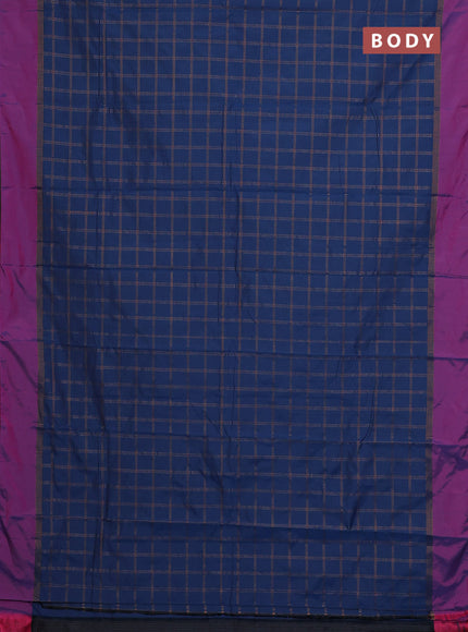 Arani semi silk saree peacock blue and magenta pink with allover copper zari checked pattern and copper zari woven simple border
