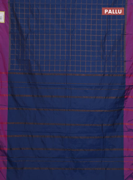 Arani semi silk saree peacock blue and magenta pink with allover copper zari checked pattern and copper zari woven simple border