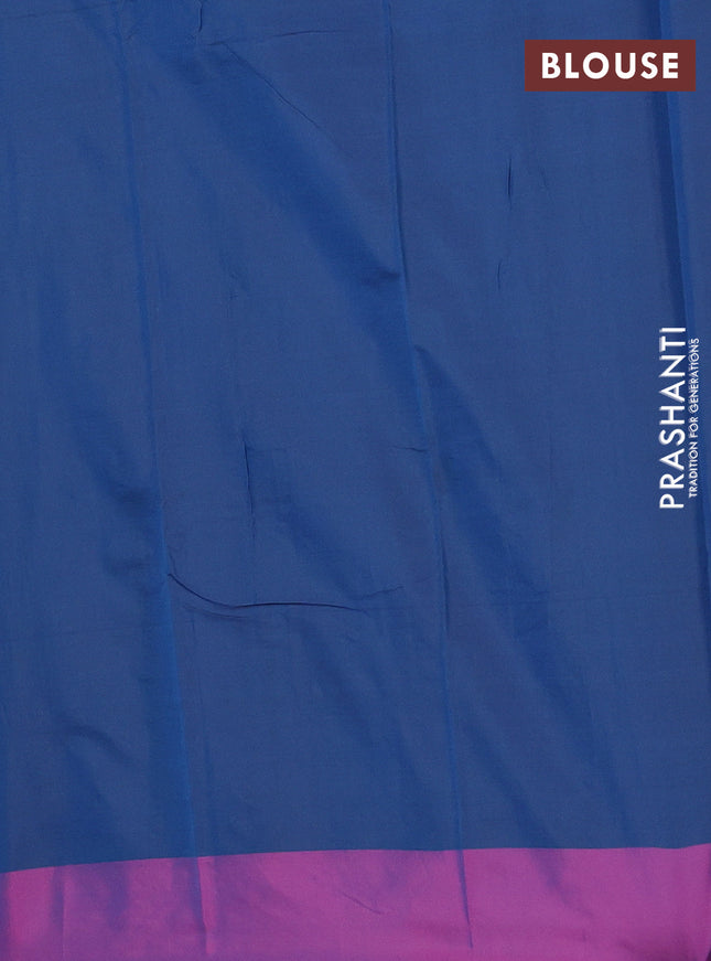 Arani semi silk saree peacock blue and magenta pink with allover copper zari checked pattern and copper zari woven simple border