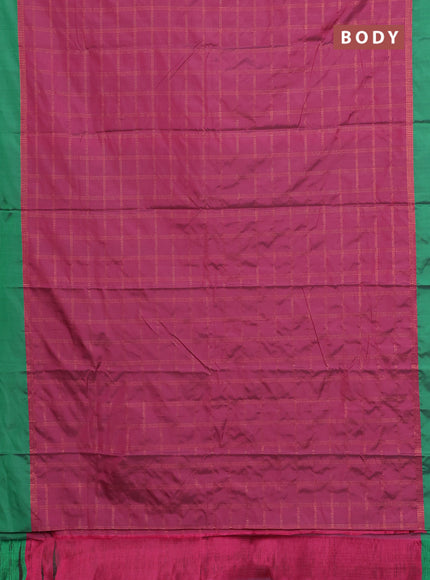 Arani semi silk saree pink and green with allover copper zari checked pattern and copper zari woven simple border