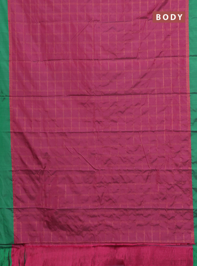 Arani semi silk saree pink and green with allover copper zari checked pattern and copper zari woven simple border