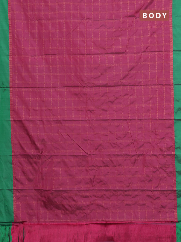 Arani semi silk saree pink and green with allover copper zari checked pattern and copper zari woven simple border