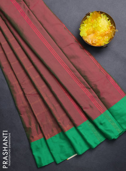 Arani semi silk saree dual shade of maroon and green with allover copper zari checked pattern and copper zari woven simple border
