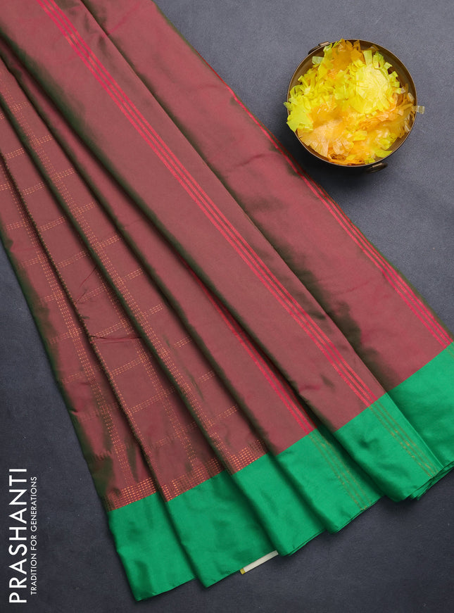 Arani semi silk saree dual shade of maroon and green with allover copper zari checked pattern and copper zari woven simple border