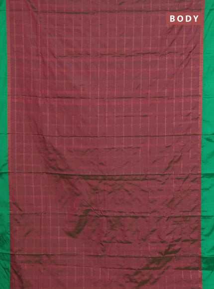 Arani semi silk saree dual shade of maroon and green with allover copper zari checked pattern and copper zari woven simple border