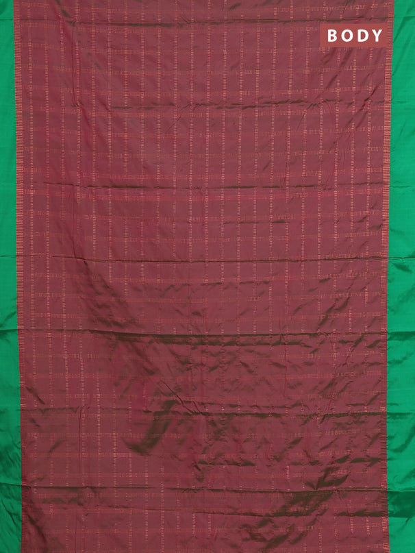 Arani semi silk saree dual shade of maroon and green with allover copper zari checked pattern and copper zari woven simple border